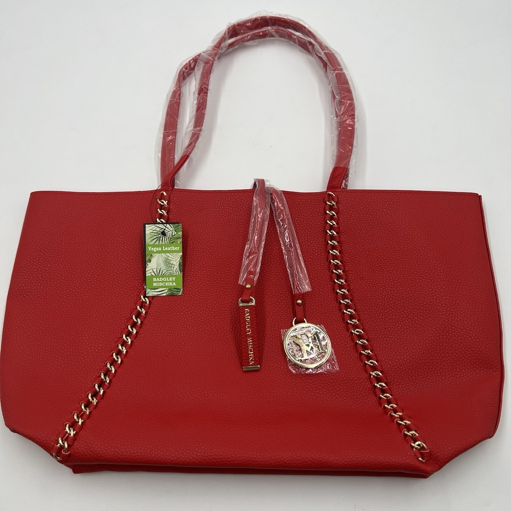 Badgley Mischka Red Vegan Leather Decorative Chain Tote Bag BMH-015 NEW‎